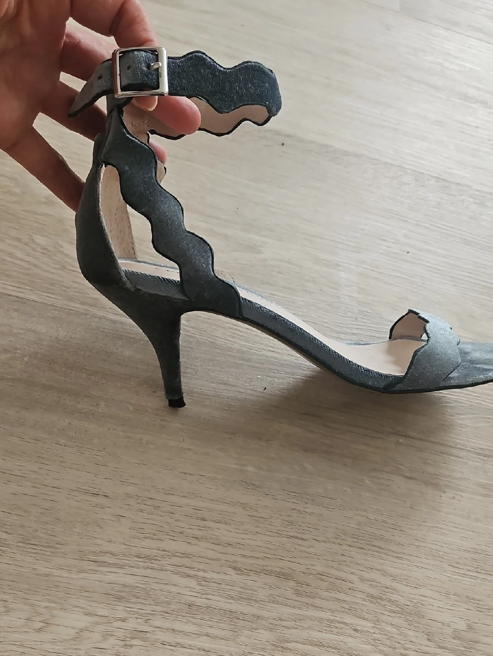 Silver Blue Velvet Scalloped Ankle-Strap Sandal